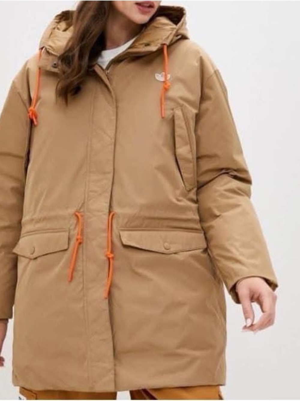 adidas Originals Tan Hooded Puffer Jacket with Orange Drawcords
